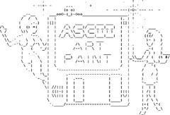 ASCII Art Paint logo, entirely drawn in ASCII characters. The title 'ASCII Art Paint' is written on a floppy disk, which is flanked, somewhat like a coat of arms, by two women, and there are two stars in the background.