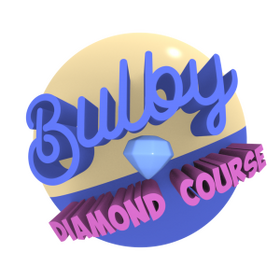 Alt="Bulby Diamonnd Course logo. A yellow and blue sphere with the name of the game popping out of it in a 3-D font, with diamond sitting in the middle."