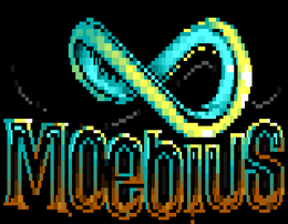 Moebius written in yellow, teal, and tan ANSI characters. A möbius strip is above the text.